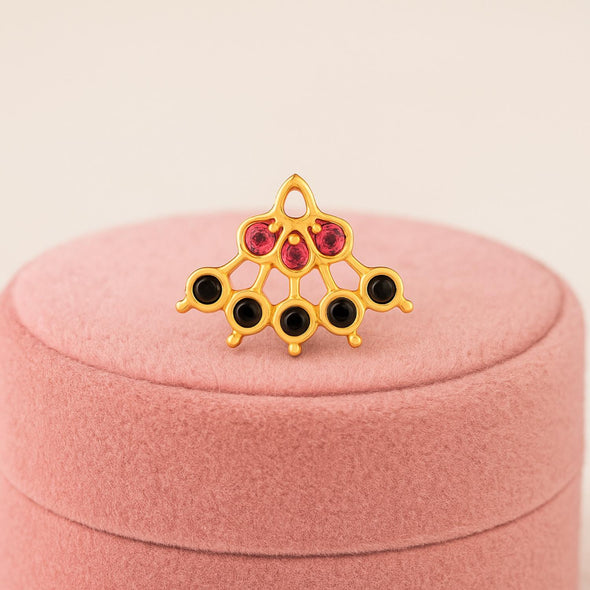 Red & Black CZ Lattice Floral Fan Nose Pin - Sterling Silver Gold Plated