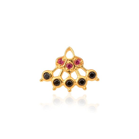 Red & Black CZ Lattice Floral Fan Nose Pin - Sterling Silver Gold Plated