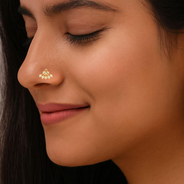 White CZ Lattice Floral Fan Nose Pin - Sterling Silver Gold Plated