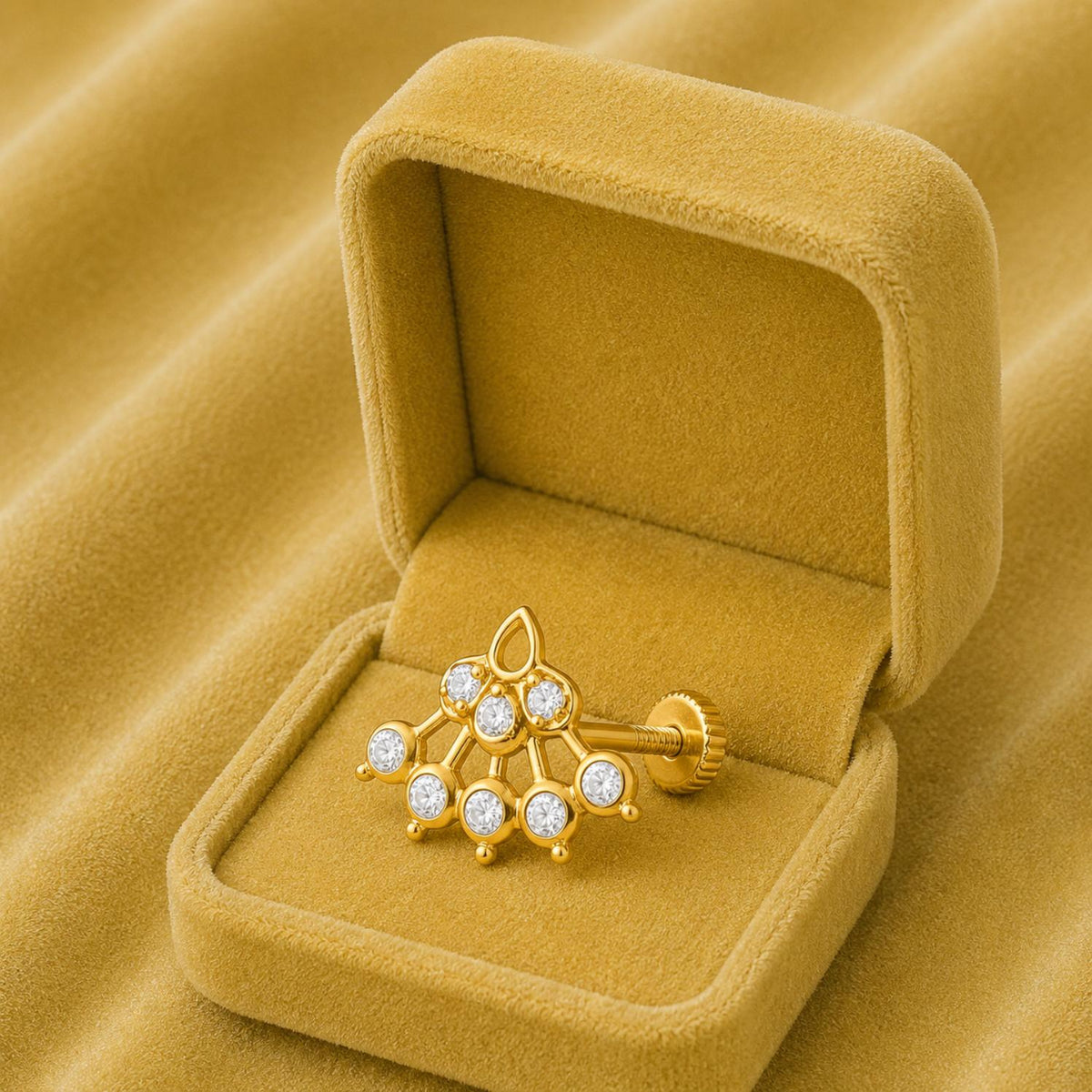 White CZ Lattice Floral Fan Nose Pin - Sterling Silver Gold Plated