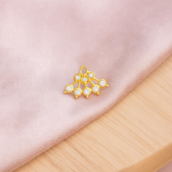 White CZ Lattice Floral Fan Nose Pin - Sterling Silver Gold Plated