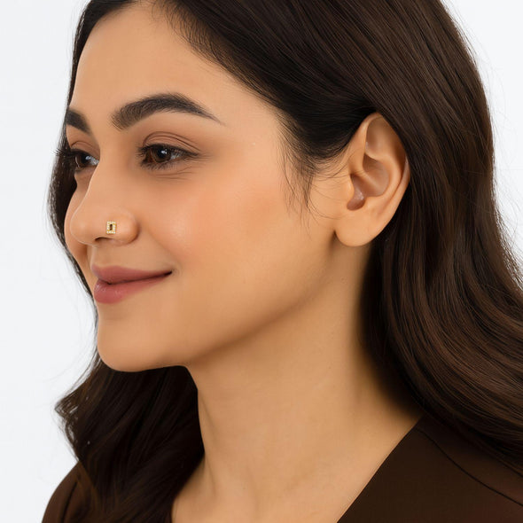 White CZ Rectangle Nose Pin - Sterling Silver Gold Plated