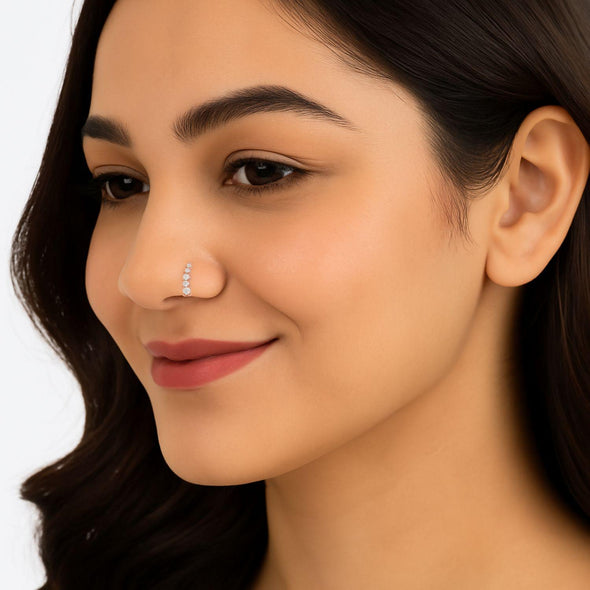 White CZ Vertical Bar Nose Pin - Sterling Silver Rose Gold Plated