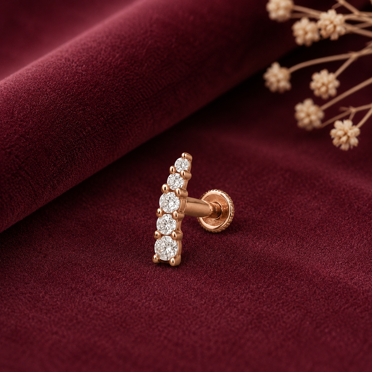 White CZ Vertical Bar Nose Pin - Sterling Silver Rose Gold Plated