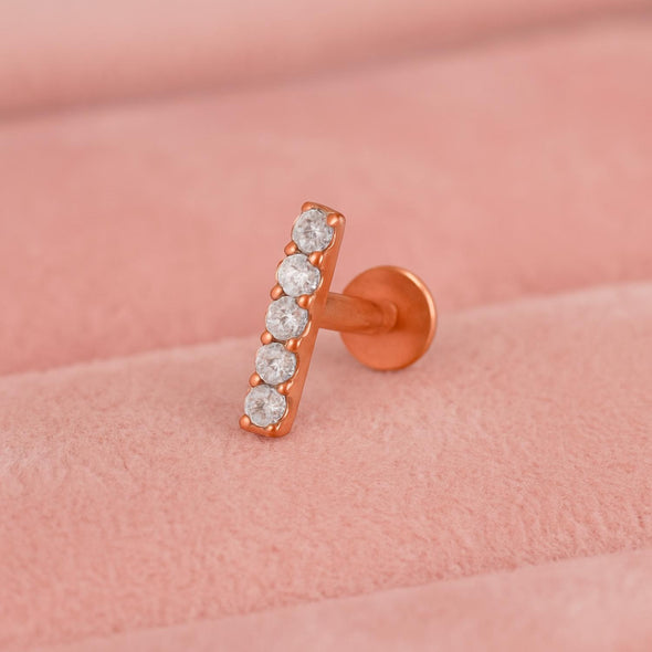 White CZ Vertical Bar Nose Pin - Sterling Silver Rose Gold Plated