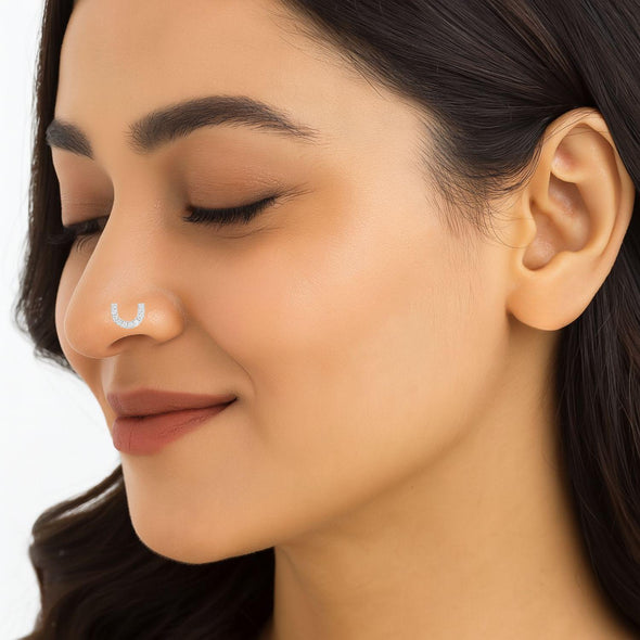 White CZ U-Shape Nose Pin - Sterling Silver
