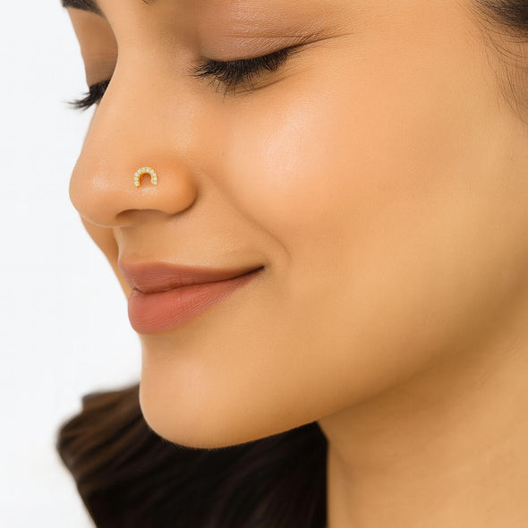 White CZ U-Shape Nose Pin - Sterling Silver Gold Plated