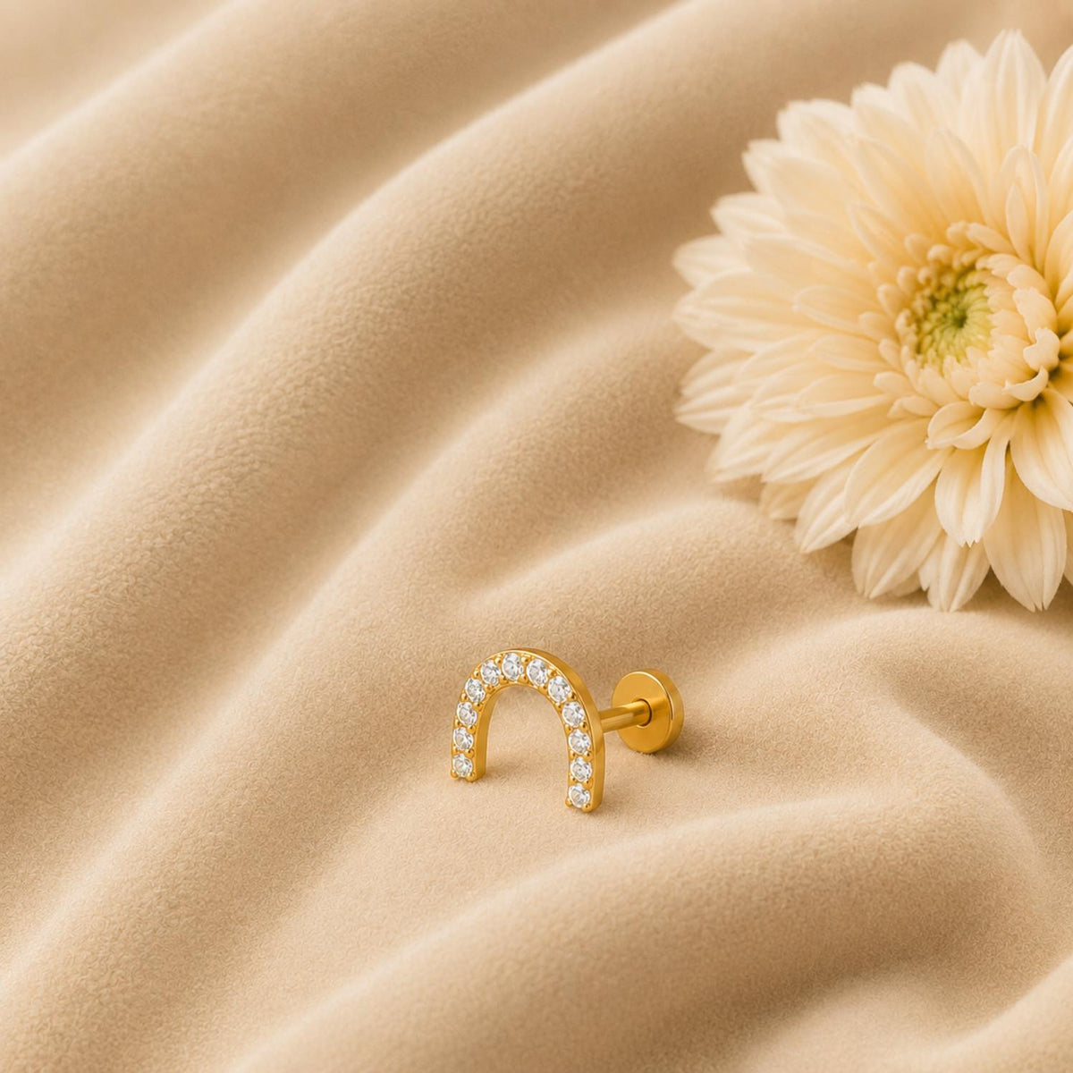 White CZ U-Shape Nose Pin - Sterling Silver Gold Plated