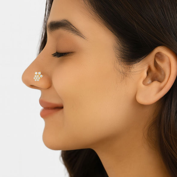 White CZ Crown Nose Pin - Sterling Silver Gold Plated