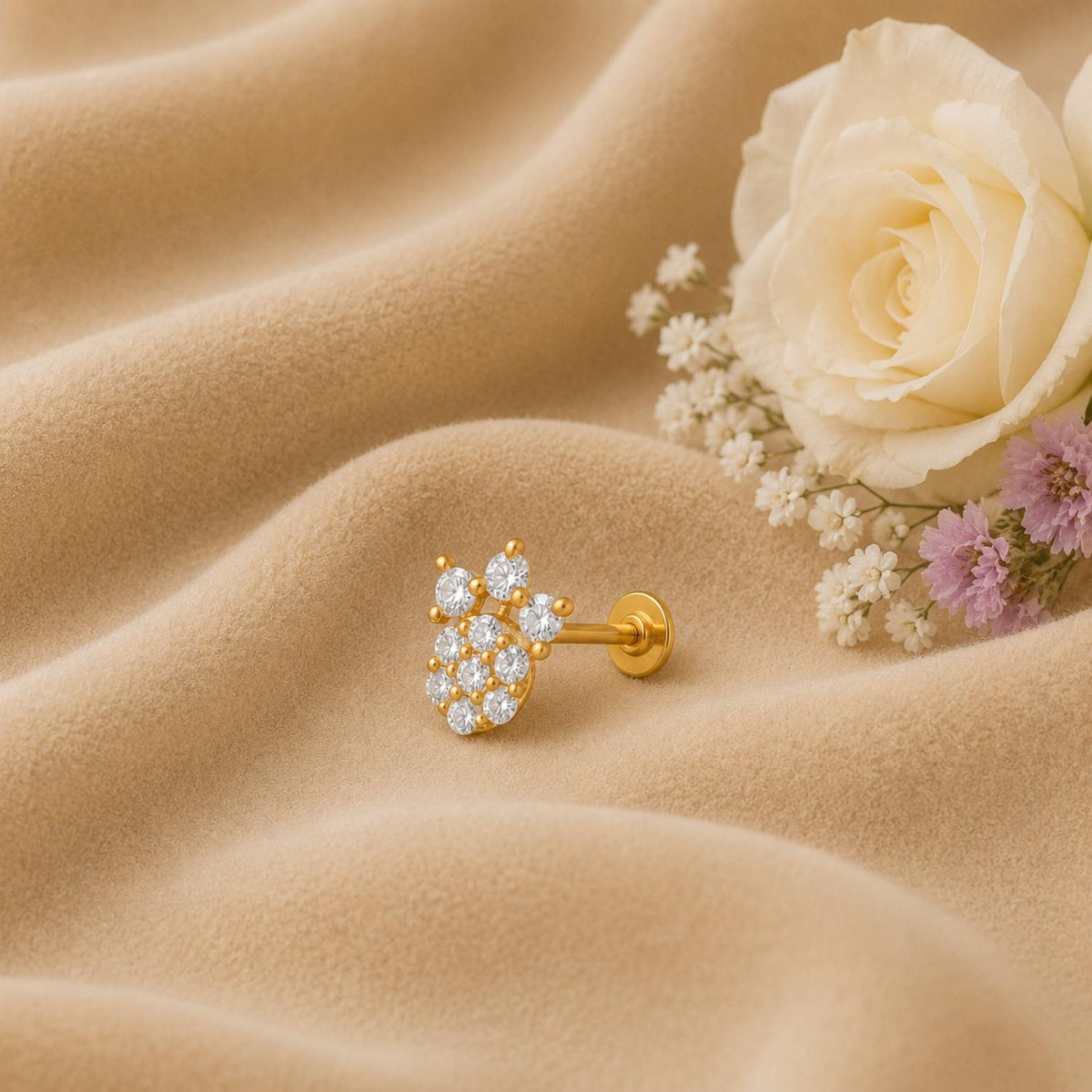 White CZ Crown Nose Pin - Sterling Silver Gold Plated