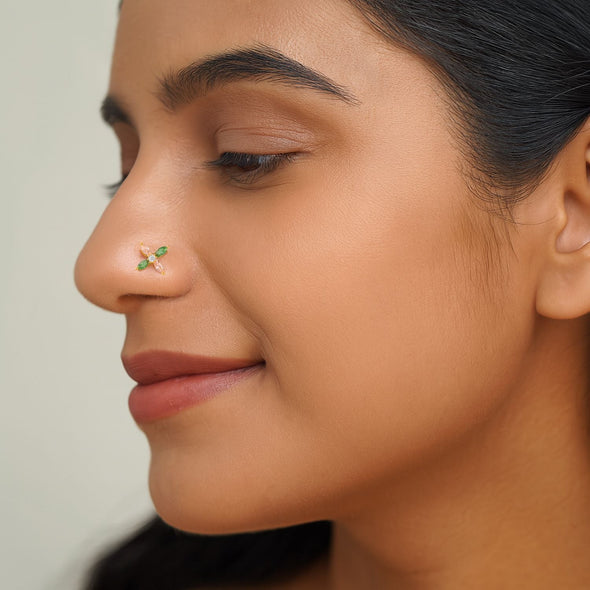 Multicolor CZ Floral Design Nose Pin - Sterling Silver Gold Plated