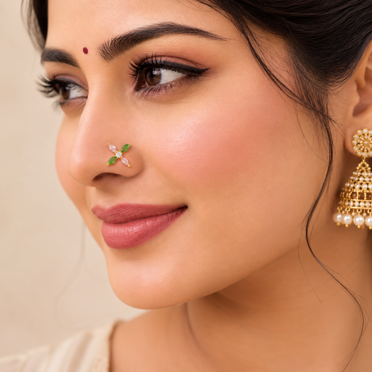 Multicolor CZ Floral Design Nose Pin - Sterling Silver Gold Plated