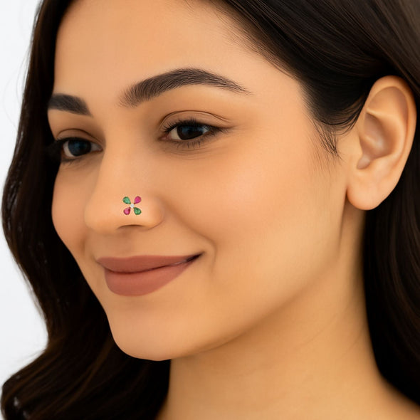 Red & Green CZ Floral Design Nose Pin - Sterling Silver Gold Plated