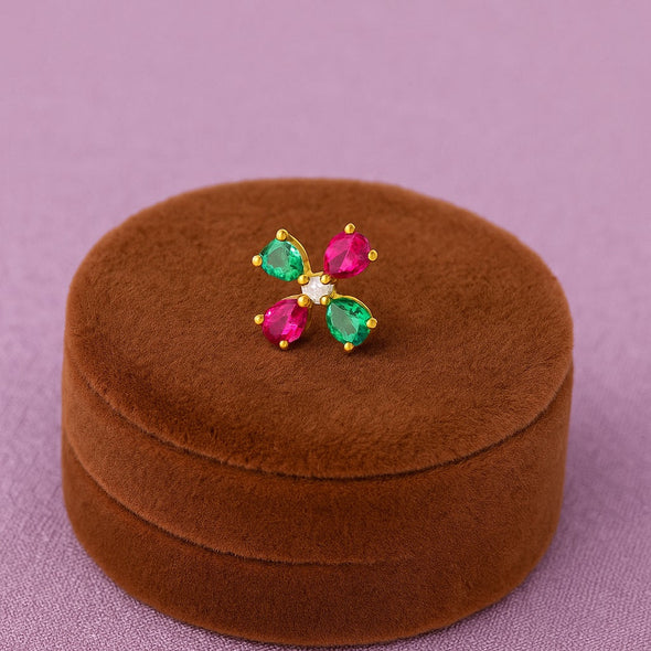 Red & Green CZ Floral Design Nose Pin - Sterling Silver Gold Plated