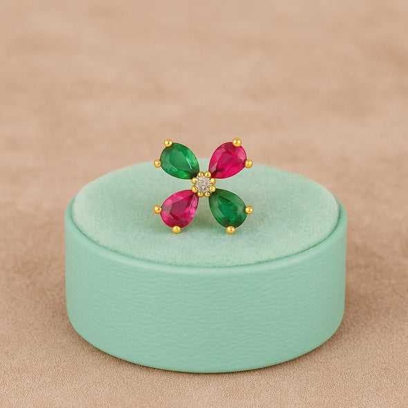 Red & Green CZ Floral Design Nose Pin - Sterling Silver Gold Plated