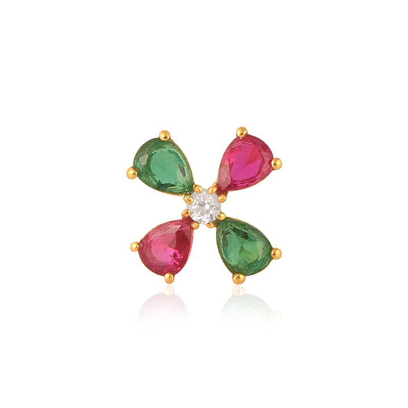 Red & Green CZ Floral Design Nose Pin - Sterling Silver Gold Plated