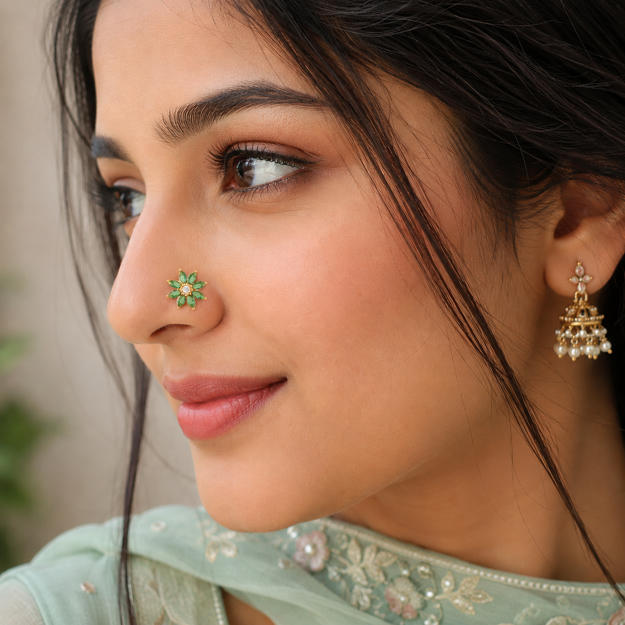 Green CZ Daisy Floral Design Nose Pin - Sterling Silver Gold Plated
