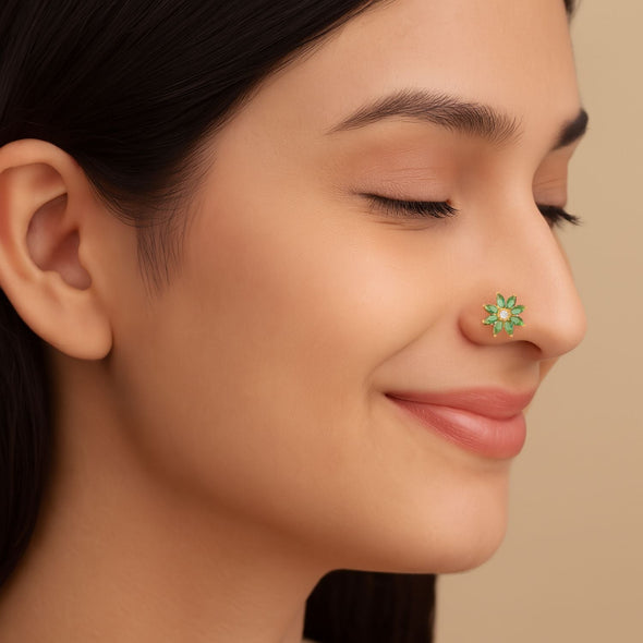 Green CZ Daisy Floral Design Nose Pin - Sterling Silver Gold Plated