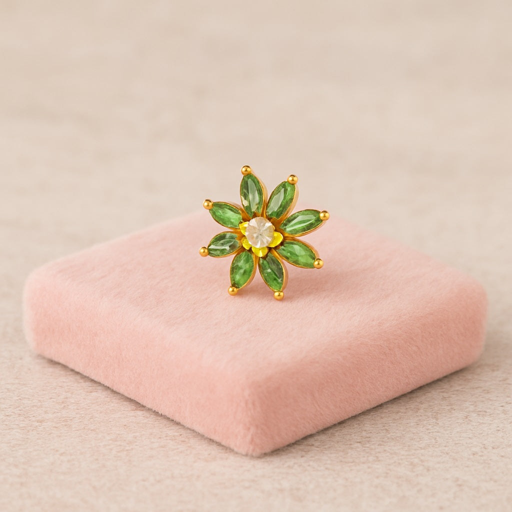 Green CZ Daisy Floral Design Nose Pin - Sterling Silver Gold Plated