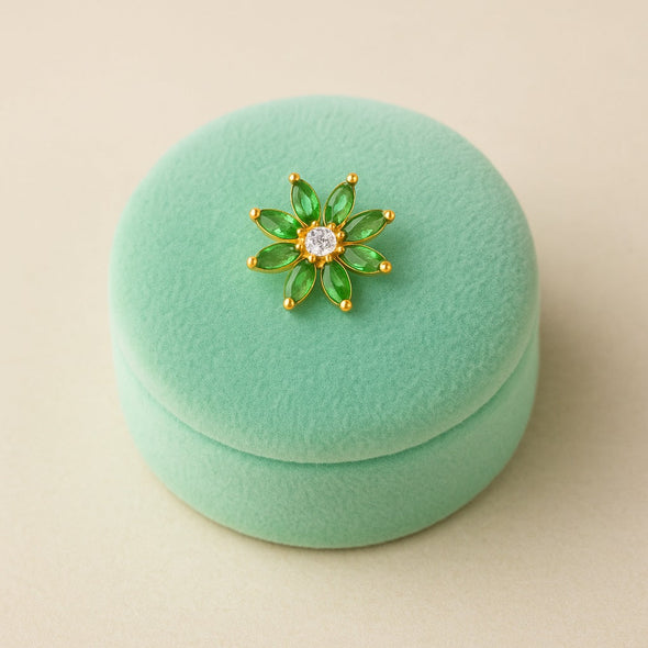 Green CZ Daisy Floral Design Nose Pin - Sterling Silver Gold Plated