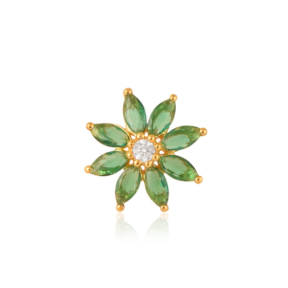 Green CZ Daisy Floral Design Nose Pin - Sterling Silver Gold Plated