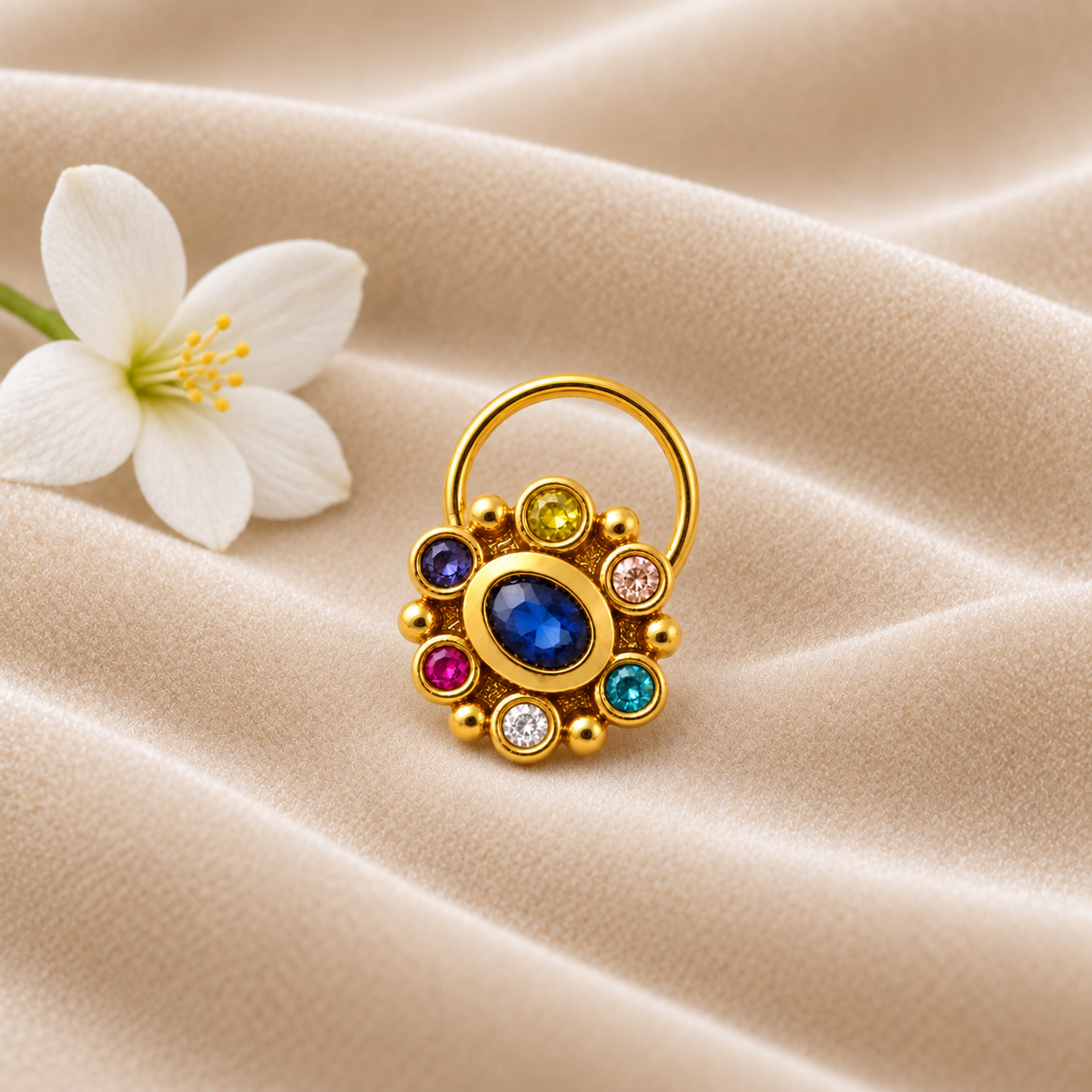 CZ Blue Sapphire Nose Pin - Gold Plated 925 Silver