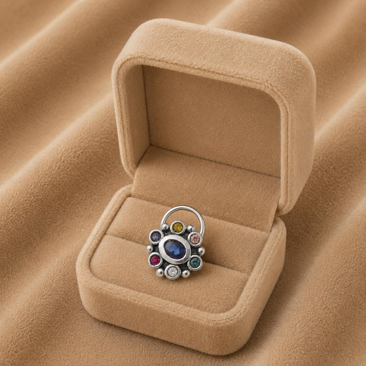 Navratna Oval Blue Nose Pin - Sterling Silver