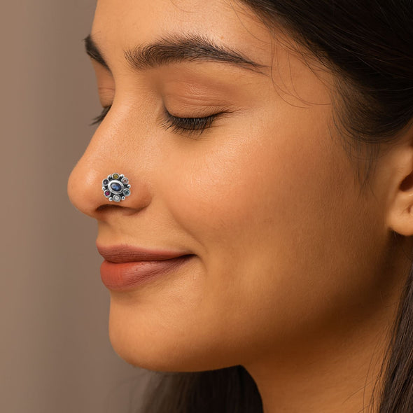 Navratna Oval Blue Nose Pin - Sterling Silver