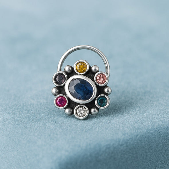 Navratna Oval Blue Nose Pin - Sterling Silver
