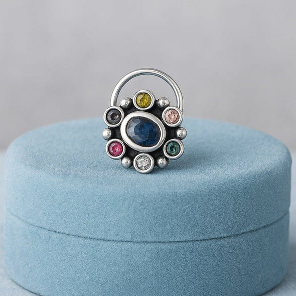 Navratna Oval Blue Nose Pin - Sterling Silver