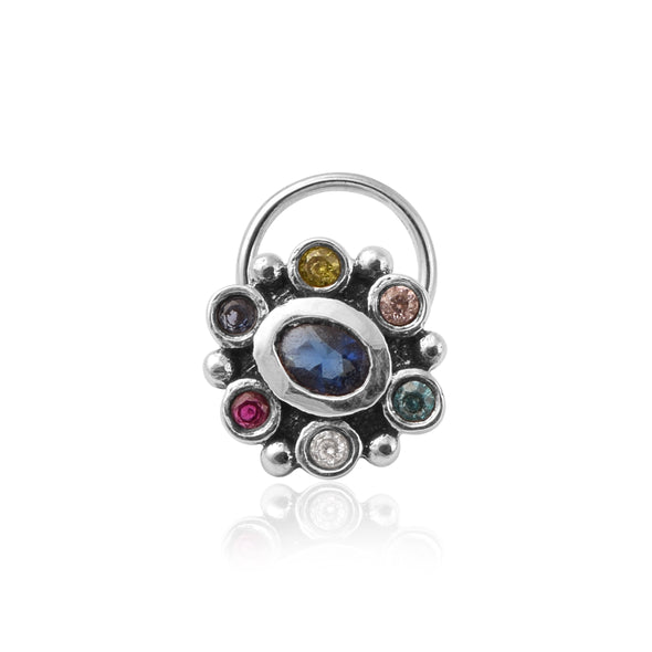 Navratna Oval Blue Nose Pin - Sterling Silver