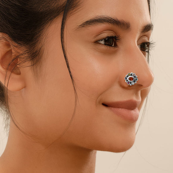 Navratna Oval Orange Nose Pin - Sterling Silver