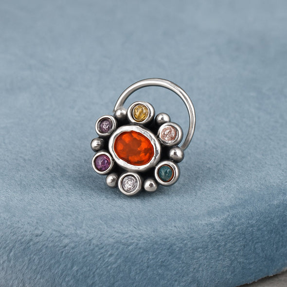 Navratna Oval Orange Nose Pin - Sterling Silver