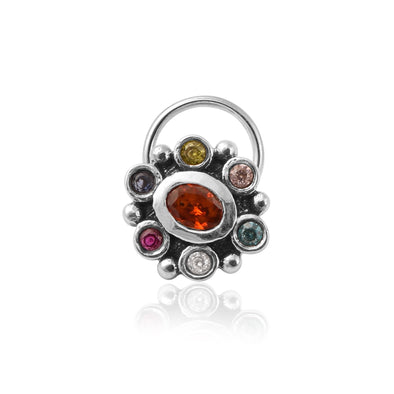 Navratna Oval Orange Nose Pin - Sterling Silver