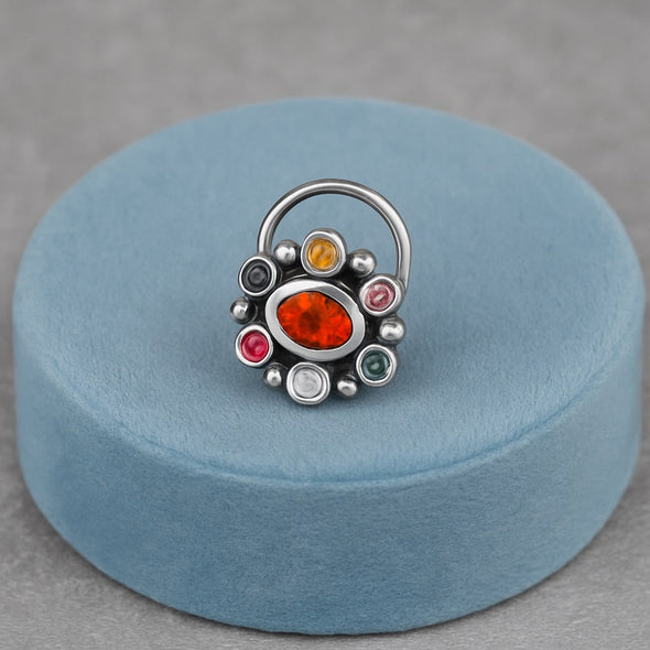 Navratna Oval Orange Nose Pin - Sterling Silver