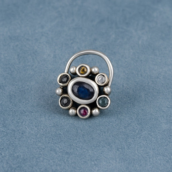 Navratna Oval Blue Nose Pin - Sterling Silver