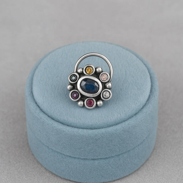 Navratna Oval Blue Nose Pin - Sterling Silver