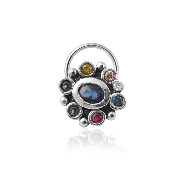 Navratna Oval Blue Nose Pin - Sterling Silver