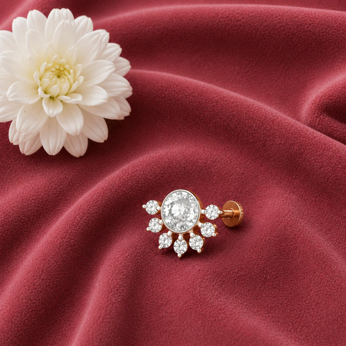 White CZ Sunburst Nose Pin - 925 Sterling Silver Gold Plated
