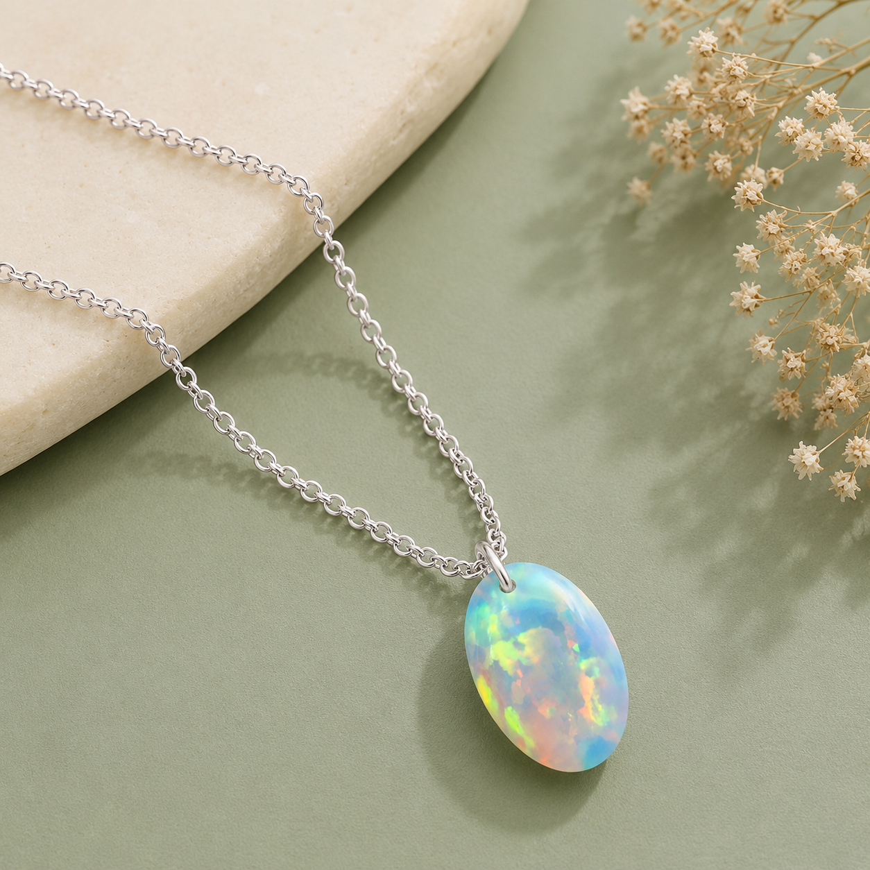 Oval Opal Solitaire Necklace - 925 sterling Silver