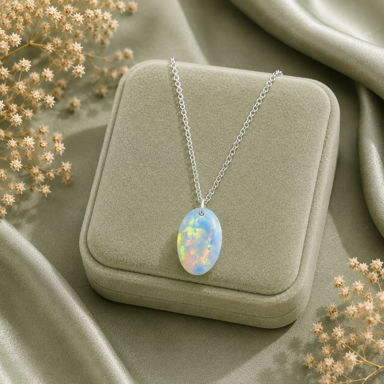 Oval Opal Solitaire Necklace - 925 sterling Silver