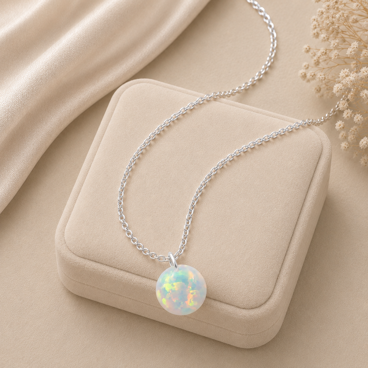 Round Opal Solitaire Necklace - 925 sterling Silver