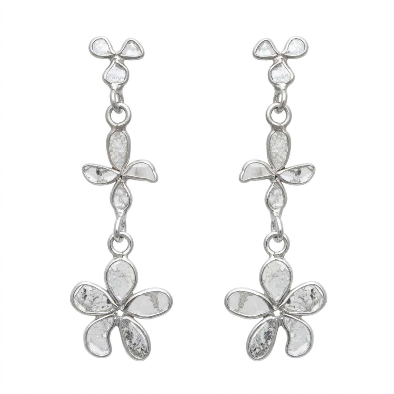 0.75 Ct Unshaped Polki Diamond Floral Drop Earrings - 925 Sterling Silver