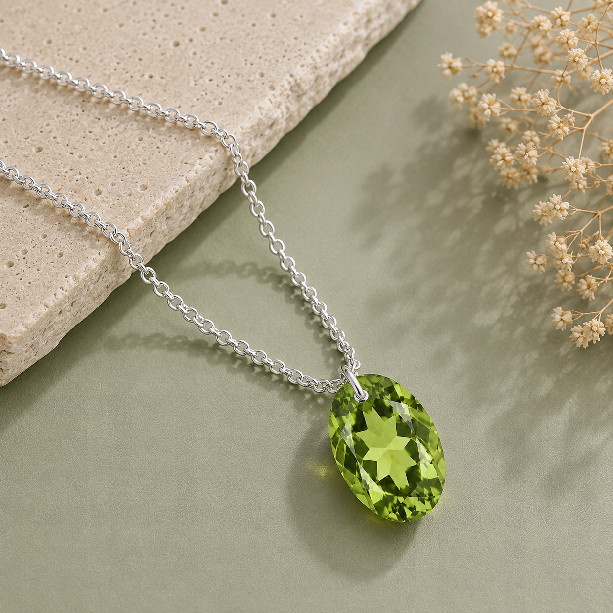 Oval Peridot Solitaire Necklace - 925 sterling Silver