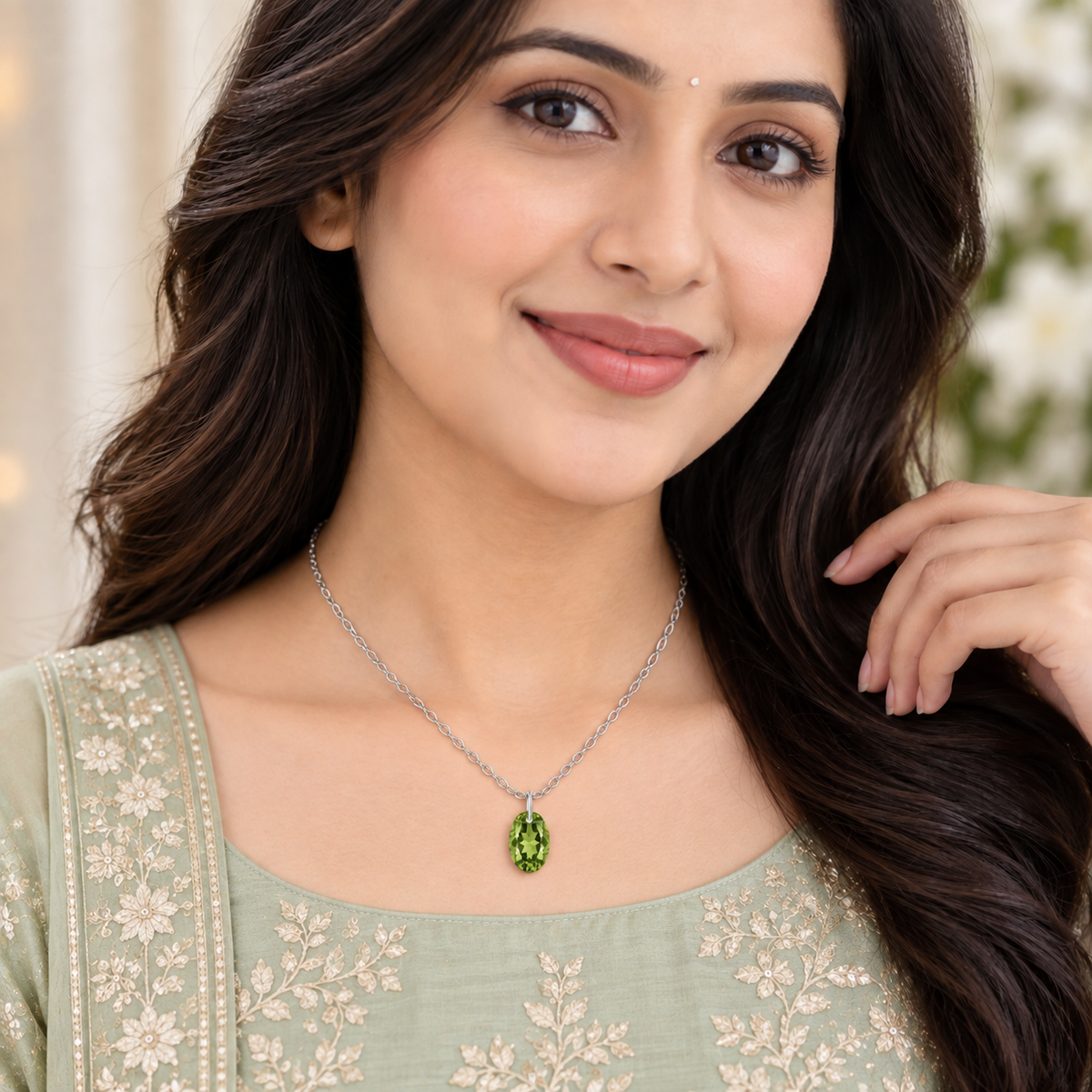 Oval Peridot Solitaire Necklace - 925 sterling Silver