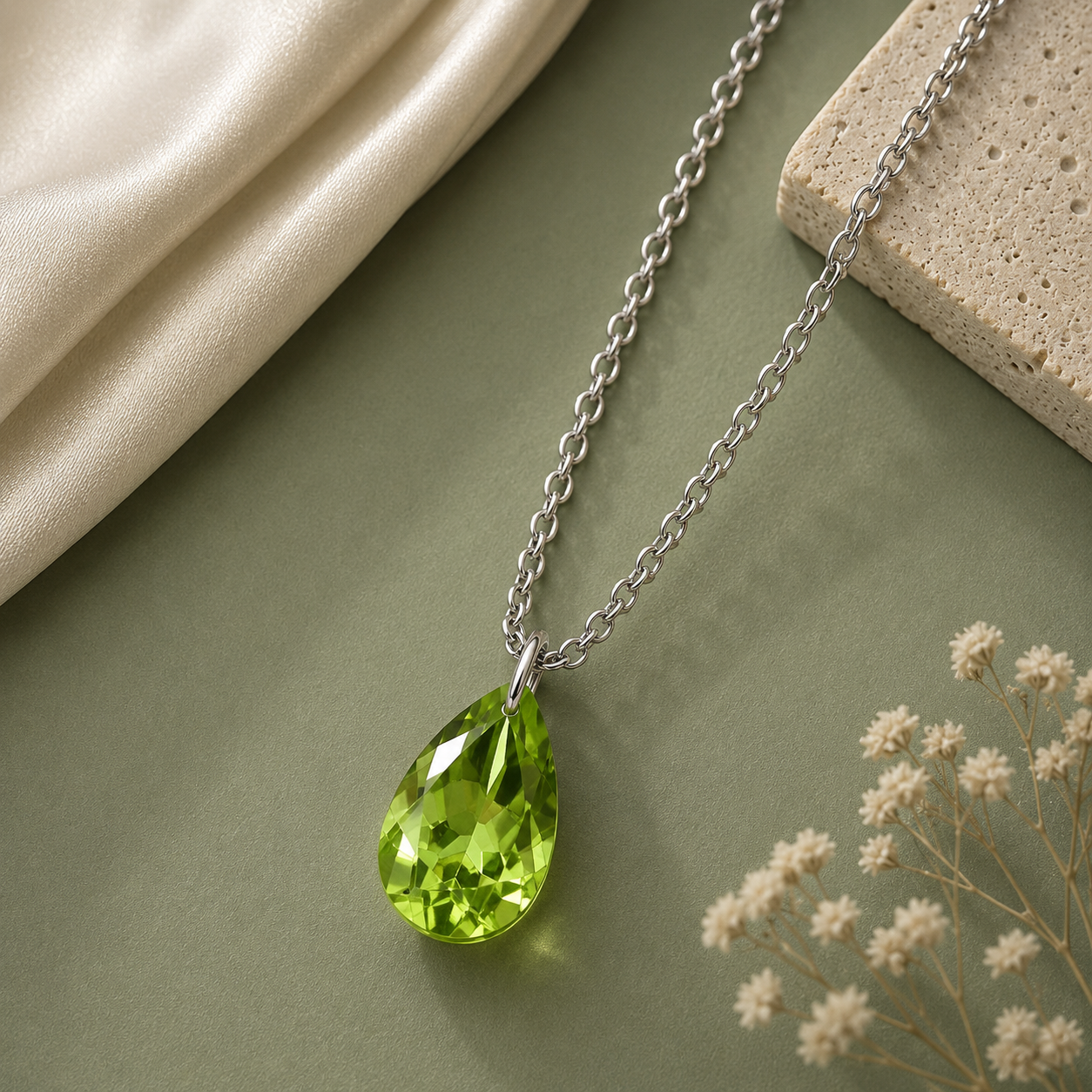 Pear Peridot Solitaire Necklace - 925 sterling Silver