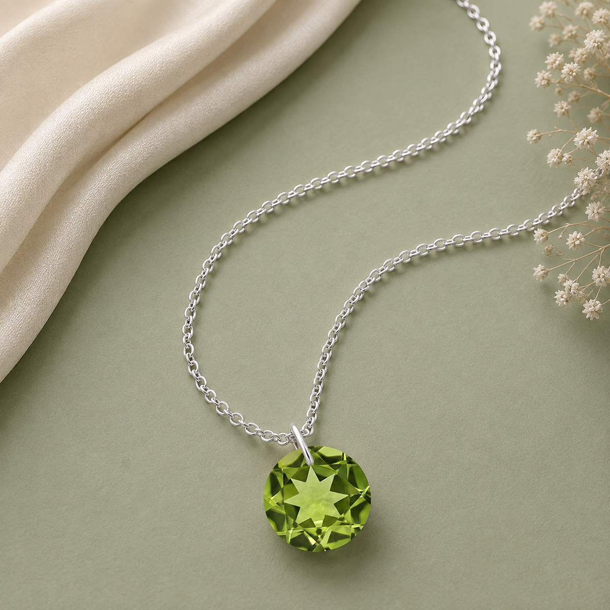 Round Peridot Solitaire Necklace - 925 sterling Silver