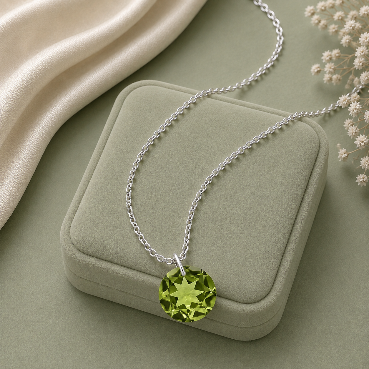 Round Peridot Solitaire Necklace - 925 sterling Silver