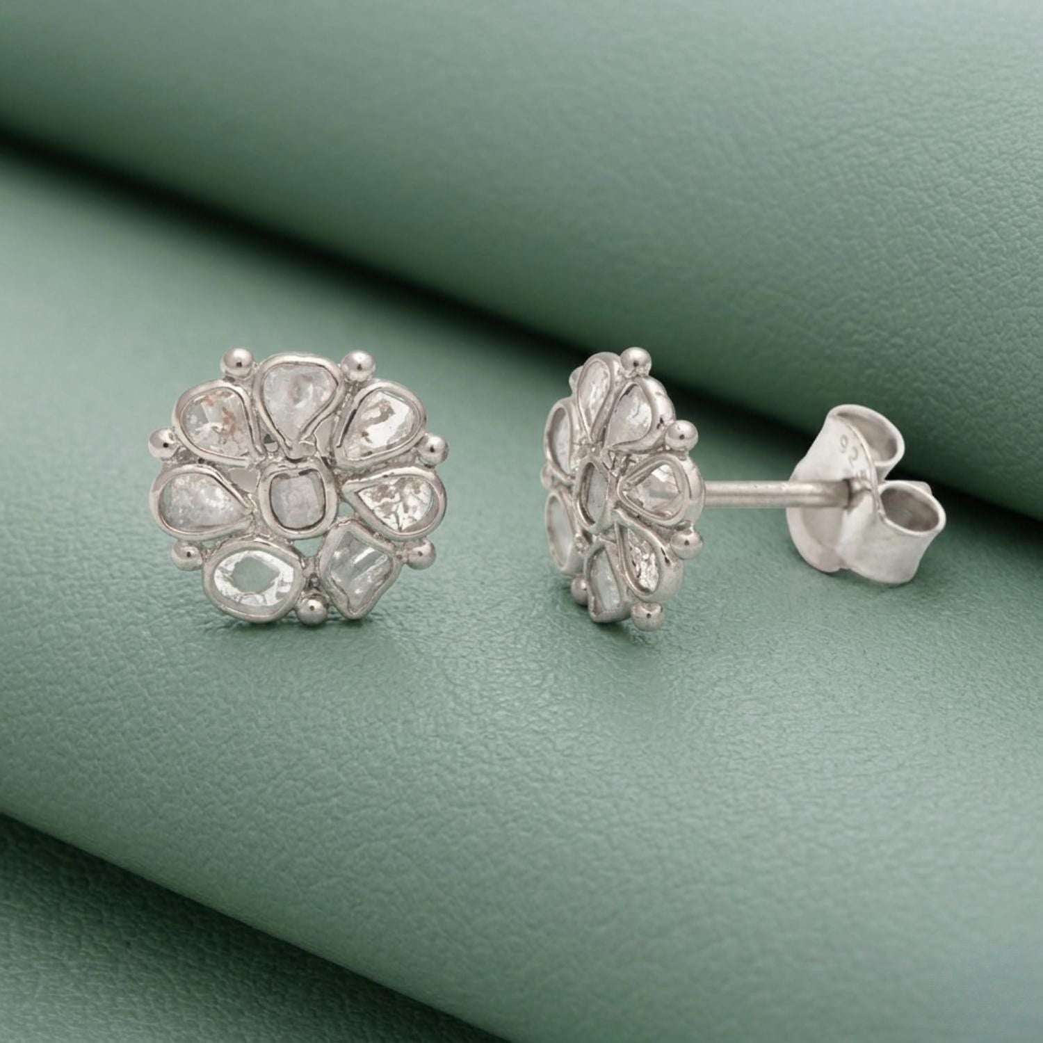 0.50 Ct Unshaped Polki Diamond Floral Stud Earrings - 925 Sterling Silver