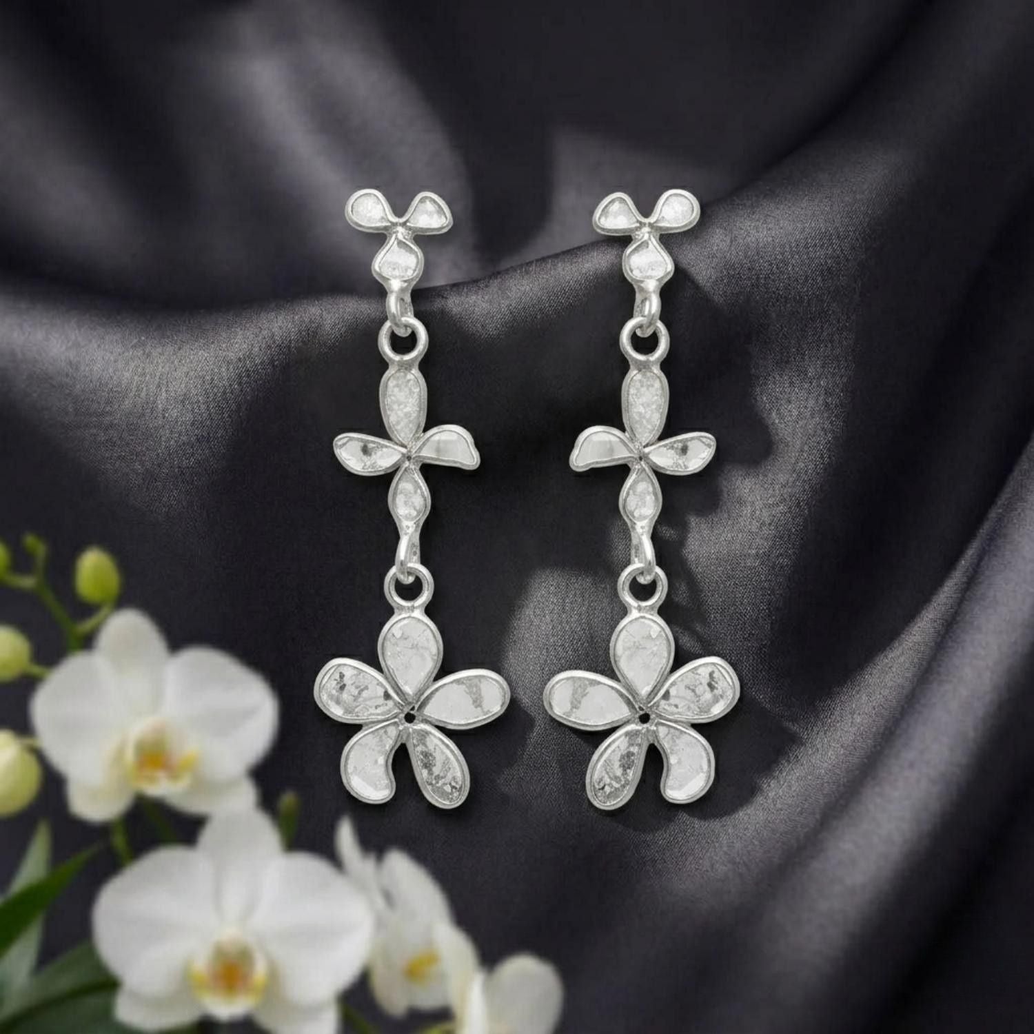 0.75 Ct Unshaped Polki Diamond Floral Drop Earrings - 925 Sterling Silver